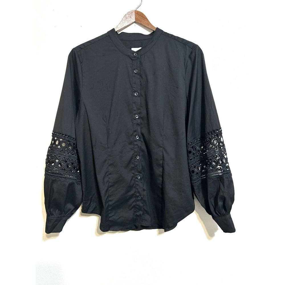 Chicos Women Button Up Cotton Blouse Black M Blouson Sleeve Lace Goth Vamp